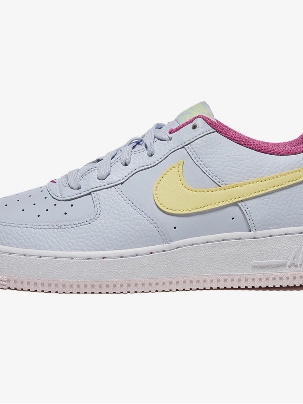 Nike Air Force 1 (GS) White Leather Sneakers with Yellow Swoosh and Pink Lining